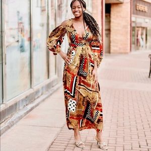 Print brown off shoulder maxi dress